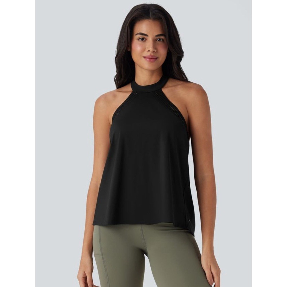NWT Halara SoftlyZero™ Airy Halter Draped Cool Touch Yoga Top-UPF50+ Black Sz M - Picture 2 of 7
